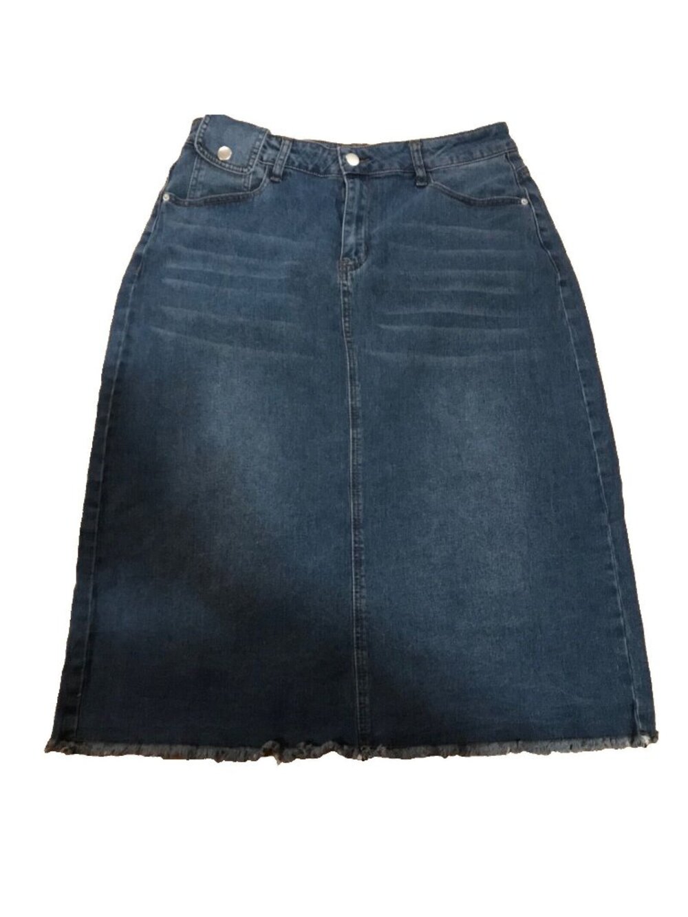 Allegra Denim Skirt Size Large Midi With Frayed Hem & Snap Button Detail